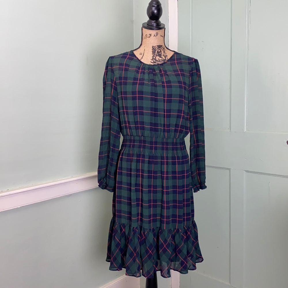 J.Crew Gathered Waist Sheer Green Navy Red Plaid 3/4 Sleeve Dress Medium M